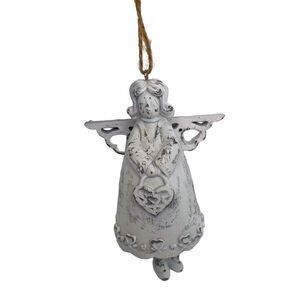 White Distressed Painted Angel Bell Style Heart Love Decor Ornament 4.5" tall